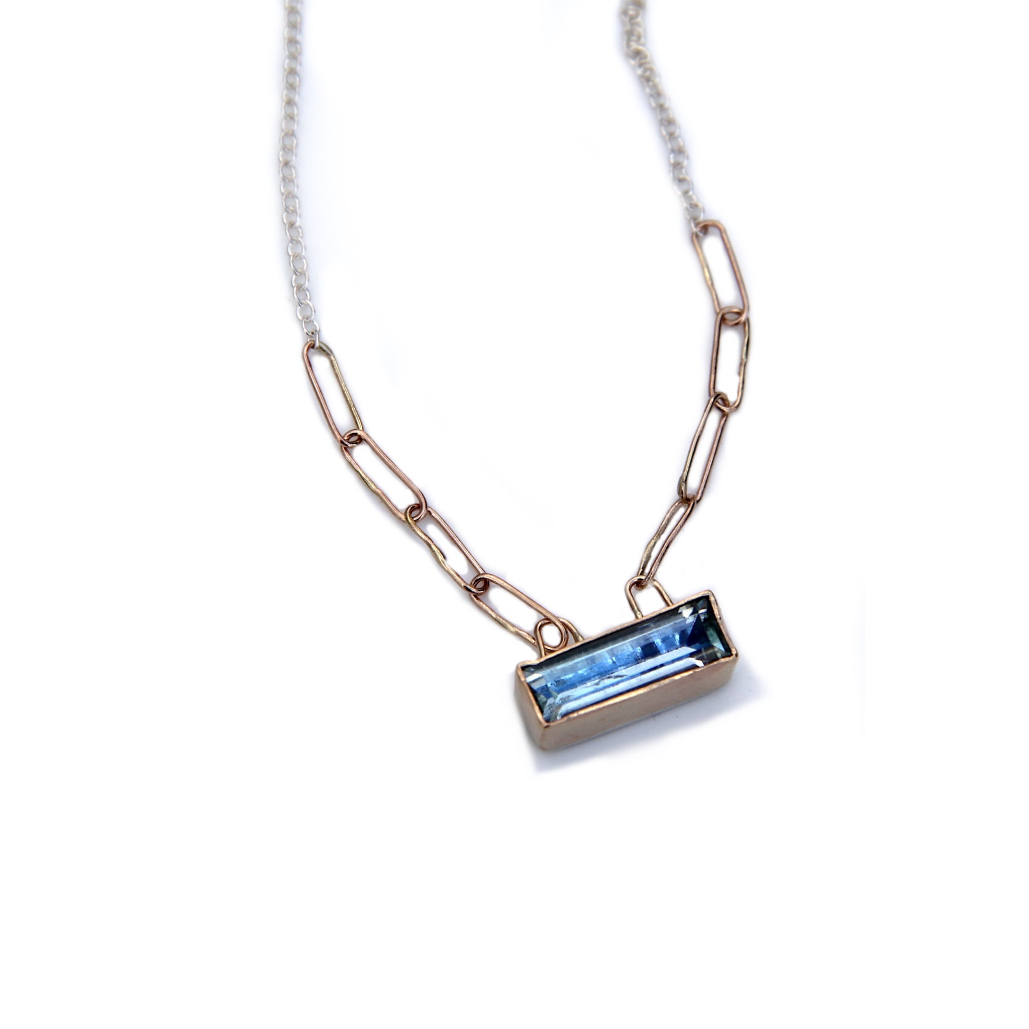 Beryl Bar Necklace with Gold Bezel and Silver Chain