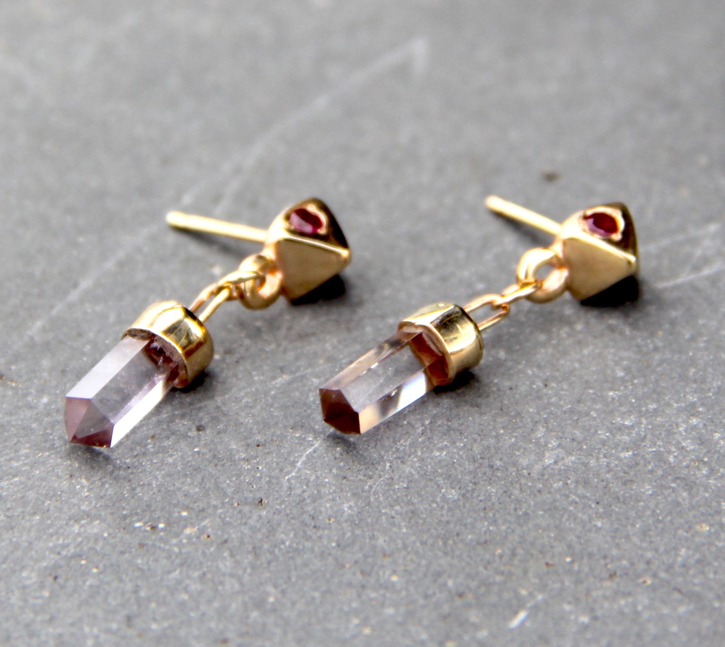 Pyramid Drop earrings with amethyst and rubies