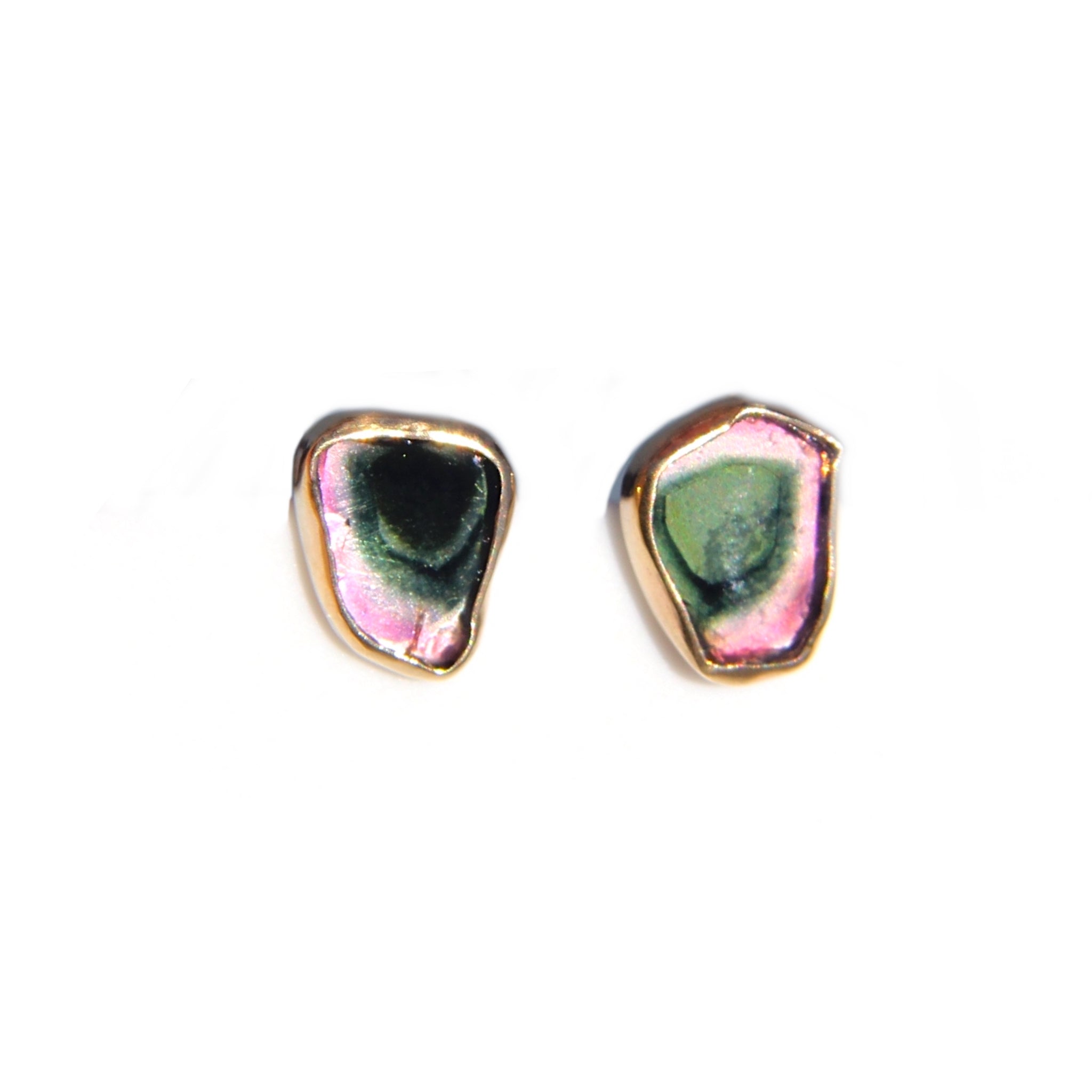 Watermelon Tourmaline stud earrings with dark green center