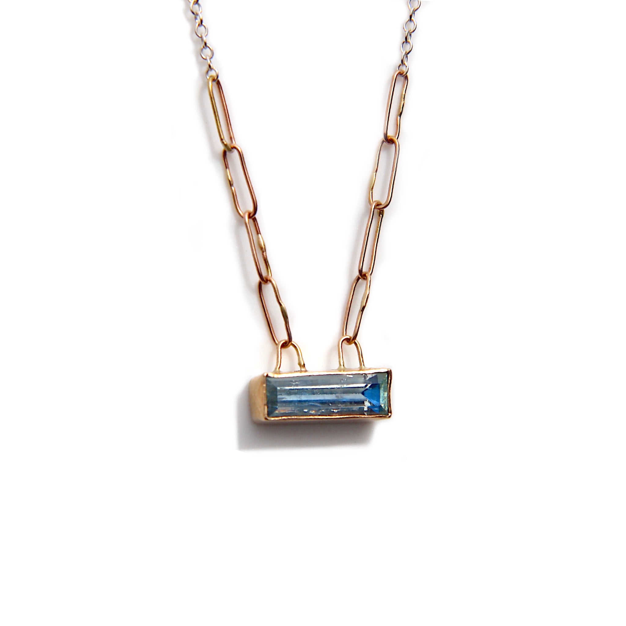 Beryl Bar Necklace with Gold Bezel and Silver Chain