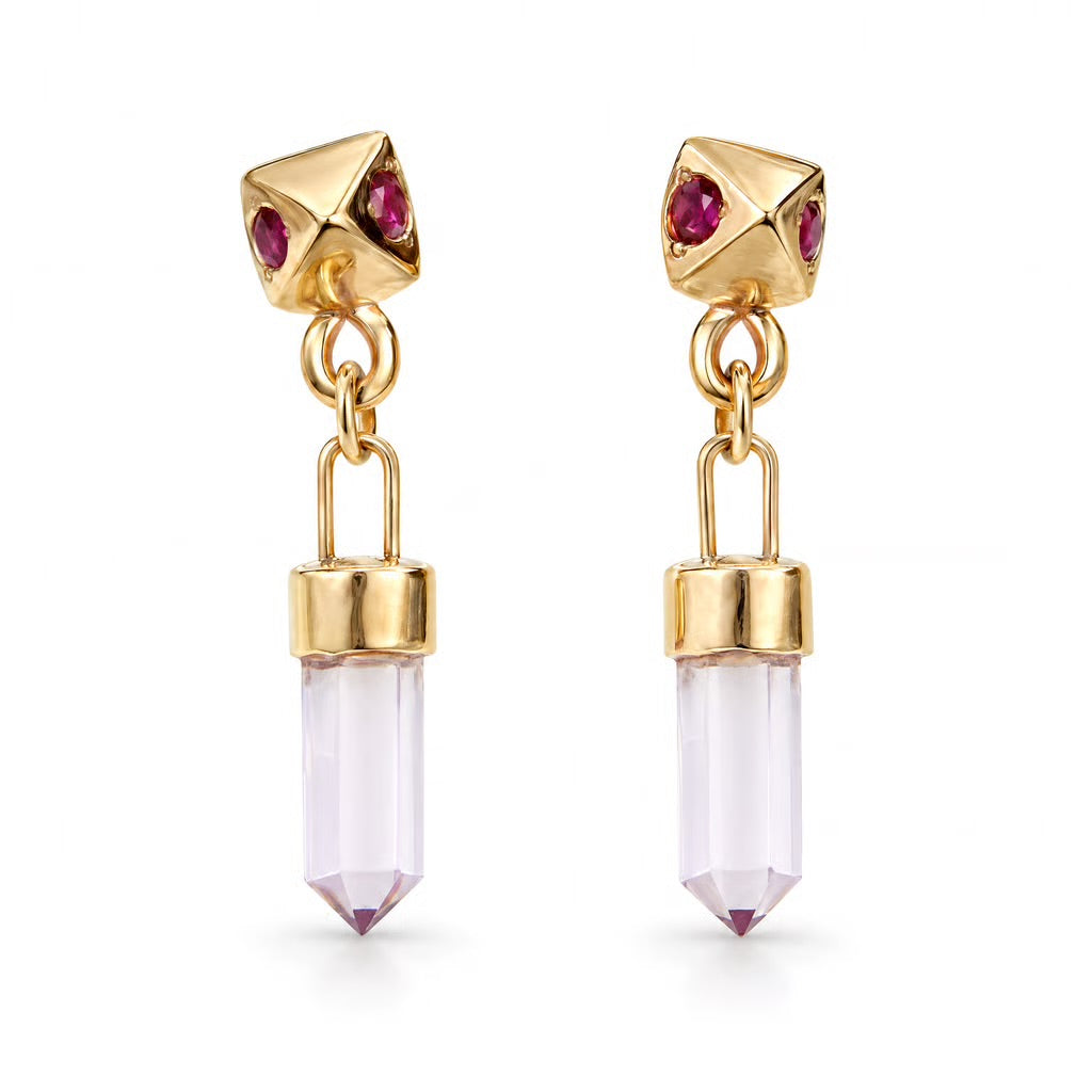 Pyramid Drop earrings with amethyst and rubies