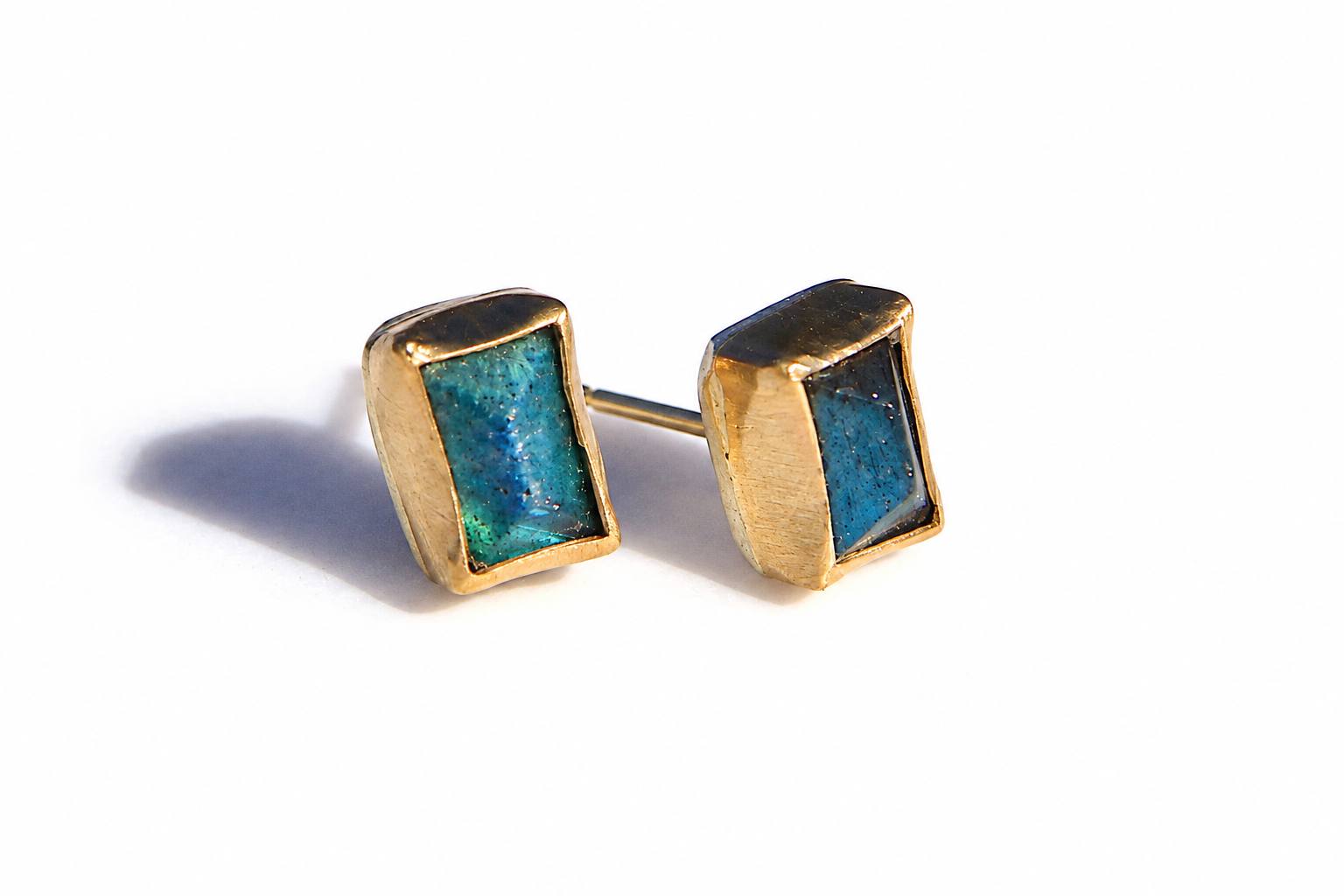 Labradorite gold stud earrings, fourth view
