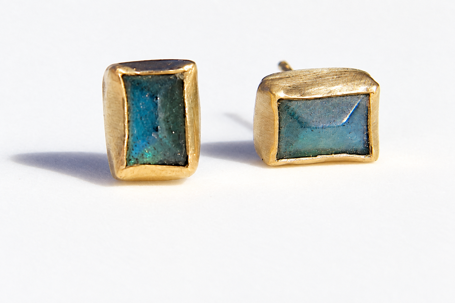 Labradorite gold stud earrings, third view