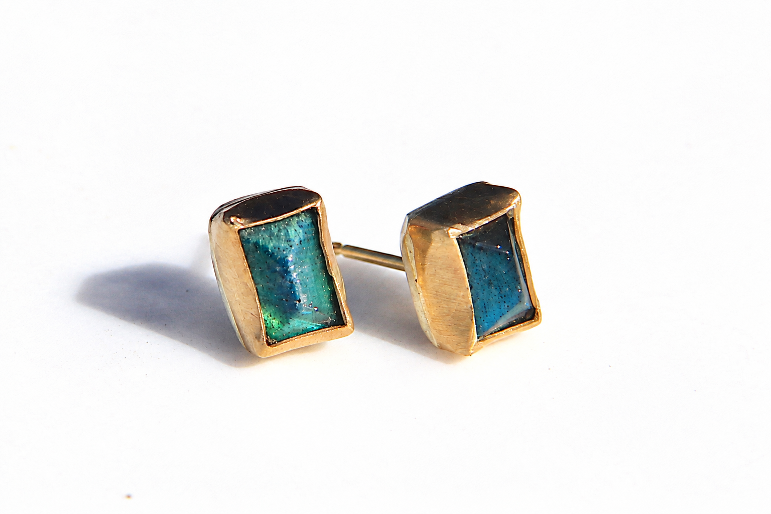 Labradorite gold stud earrings, second view