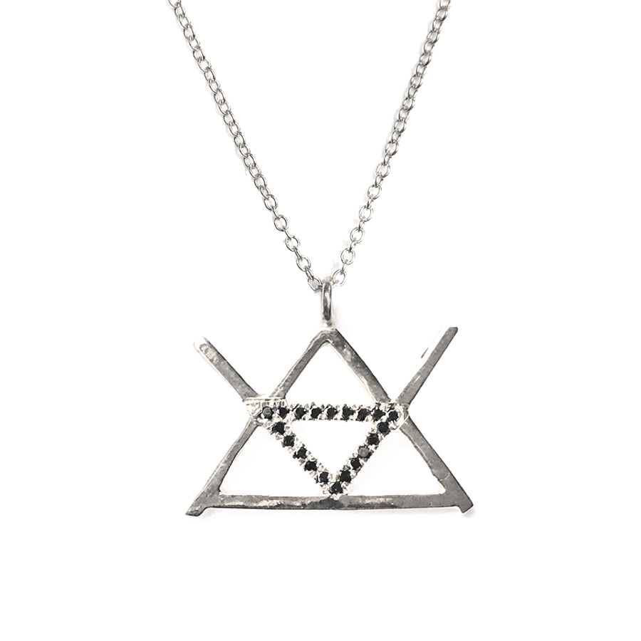 Alchemy Fire Symbol Necklace in Silver with black diamonds