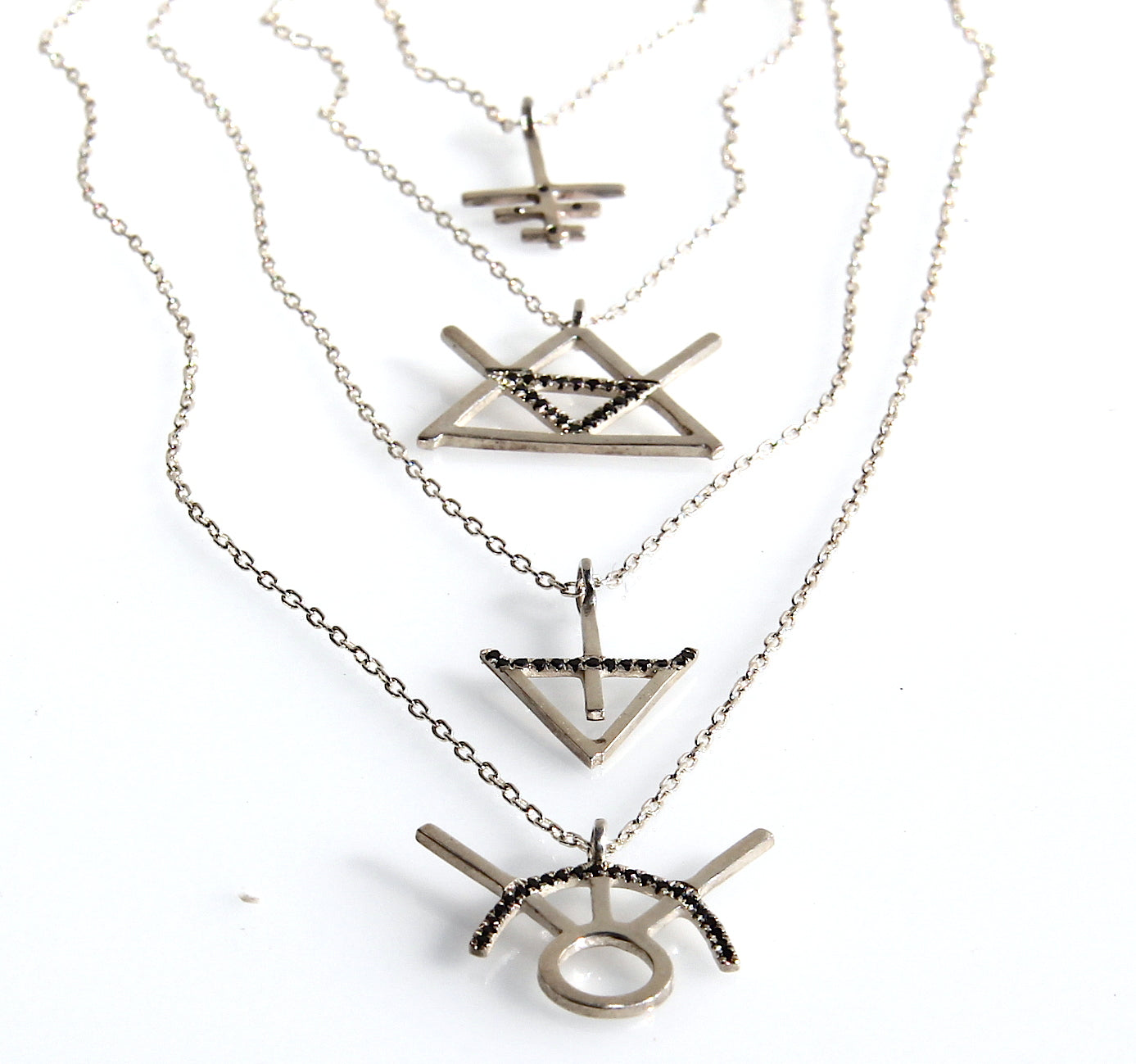Alchemy Fire Symbol Necklace in Silver with black diamonds