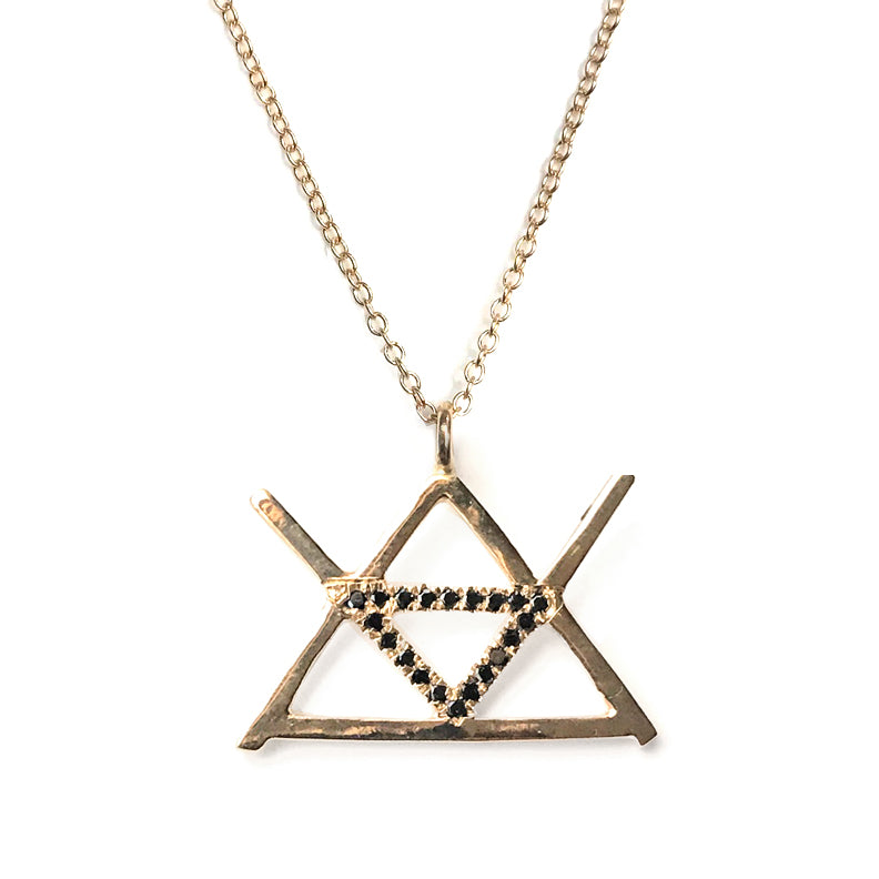 Alchemy Fire Symbol in 14K gold with black diamonds